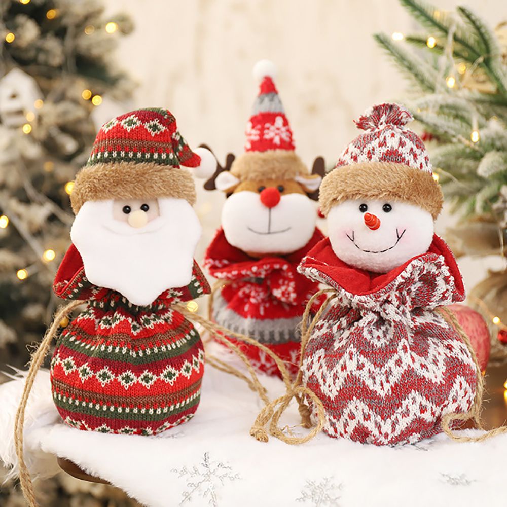 Túi rút đựng kẹo dệt kim phối búp bê người tuyết/ ông già noel/ yêu tinh trang trí tiệc dịp giáng sinh/ làm quà tặng
