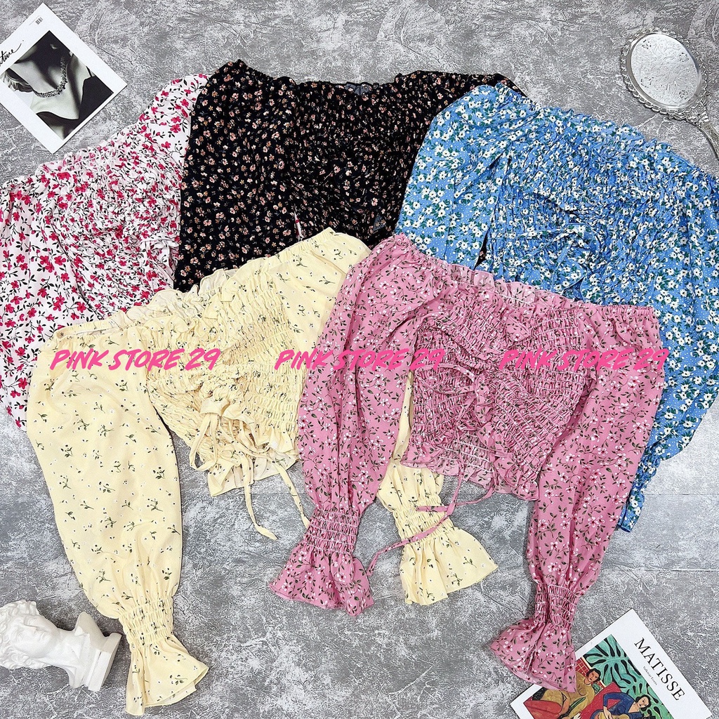 Áo croptop hoa rút dây giữa tay dài A502099