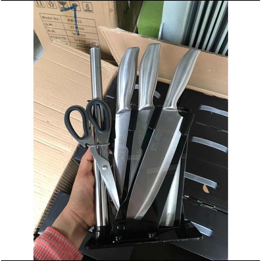 [FREESHIP] Bộ Dao Kéo 6 Món Nhật Bản Inox Đúc Nguyên Khối Cao Cấp Khắc Chữ SEKI JAPAN Có Đế Cắm Làm Từ Thép Không Gỉ.