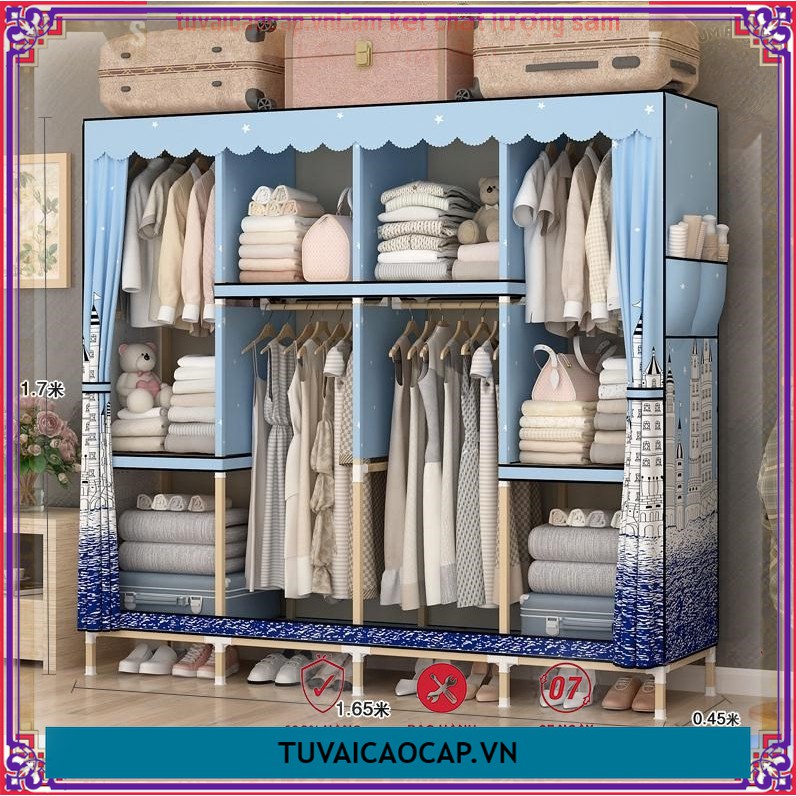 tủ vải khung gỗ 4 buồng Vải gai cao cấp chuẩn loại 1 phi gỗ 20mm Cực Tiện Lợi và Chắc Chắn