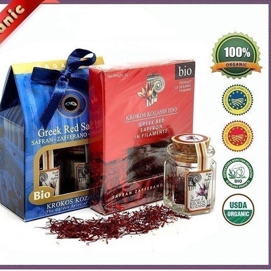 Nhụy hoa Nghệ Tây đỏ hữu cơ Hy Lạp hộp giấy đỏ/lọ thủy tinh nhãn hiệu Krokos Kozanis 1g