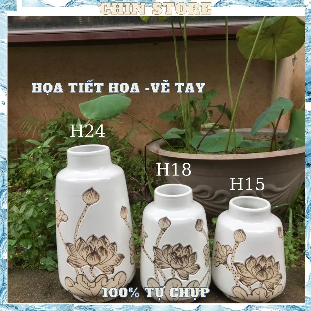 Bình hoa decor, lọ hoa gốm sứ BÁT TRÀNG set bộ 3 vai vuông men cao cấp họa tiết vẽ tay nhiều mẫu H24,H18,H15