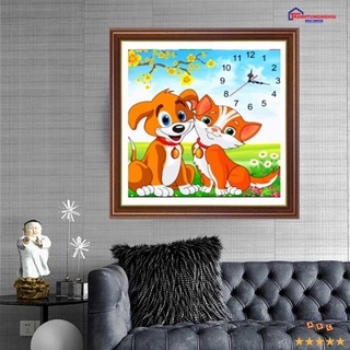 Tranh đính đá LV570 (55cm x 55cm), tranh thêu đồng hồ mèo và chó con dễ thương DV6580 (47cm x 47cm)