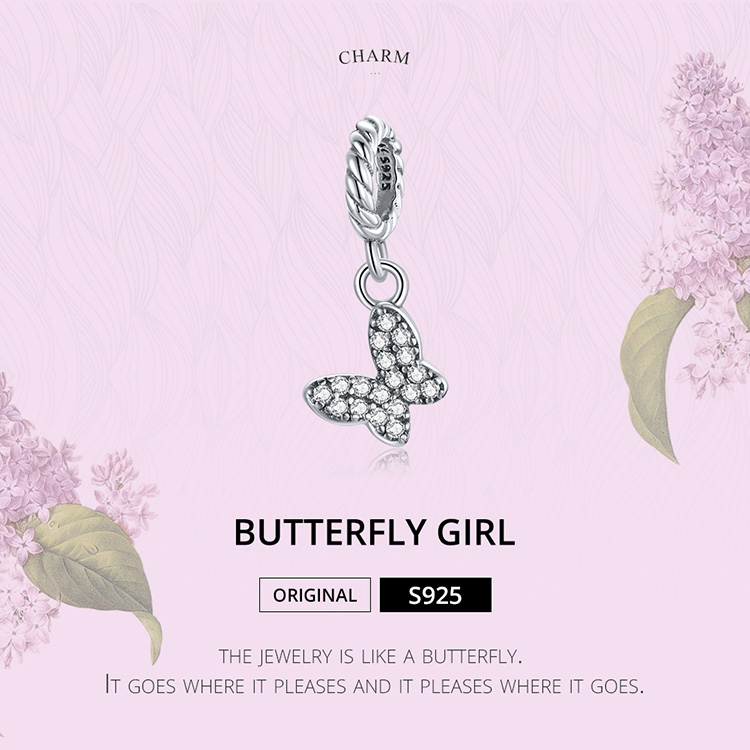 Hạt vòng tay Bamoer SCX121 làm bằng 100% bạc 925 mạ Platinum mặt hình bướm đính đá Zircon DIY