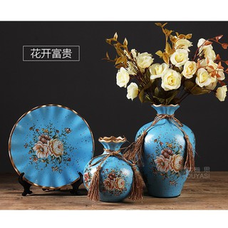 Bộ gốm 2 bình 1 đĩa 3 hoa xanh biển