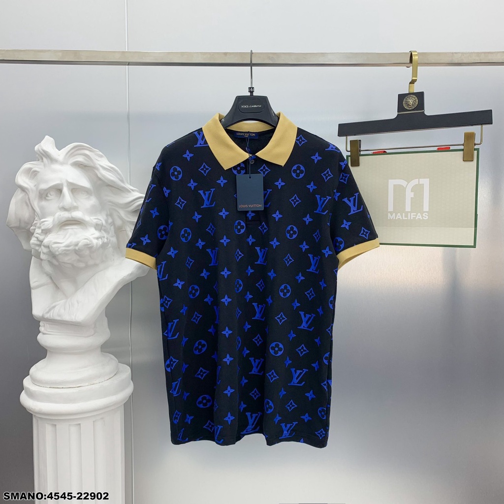 Áo Polo Nam Lv Họa Tiết Dập Vân In Chữ Sau Lưng - Áo Phông Cổ Bẻ Nam Lv Chất Cotton Co Dãn Thoáng MÁt DT STORE MENWEAR