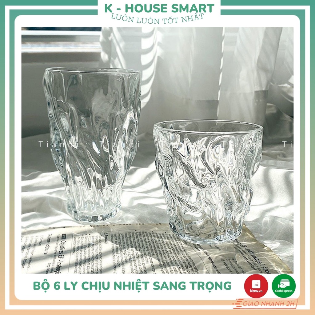 Bộ 6 cốc thuỷ tinh 2 lớp chịu nhiệt vân sóng nước cao cấp, ly thuỷ tinh đẹp KHouse Smart