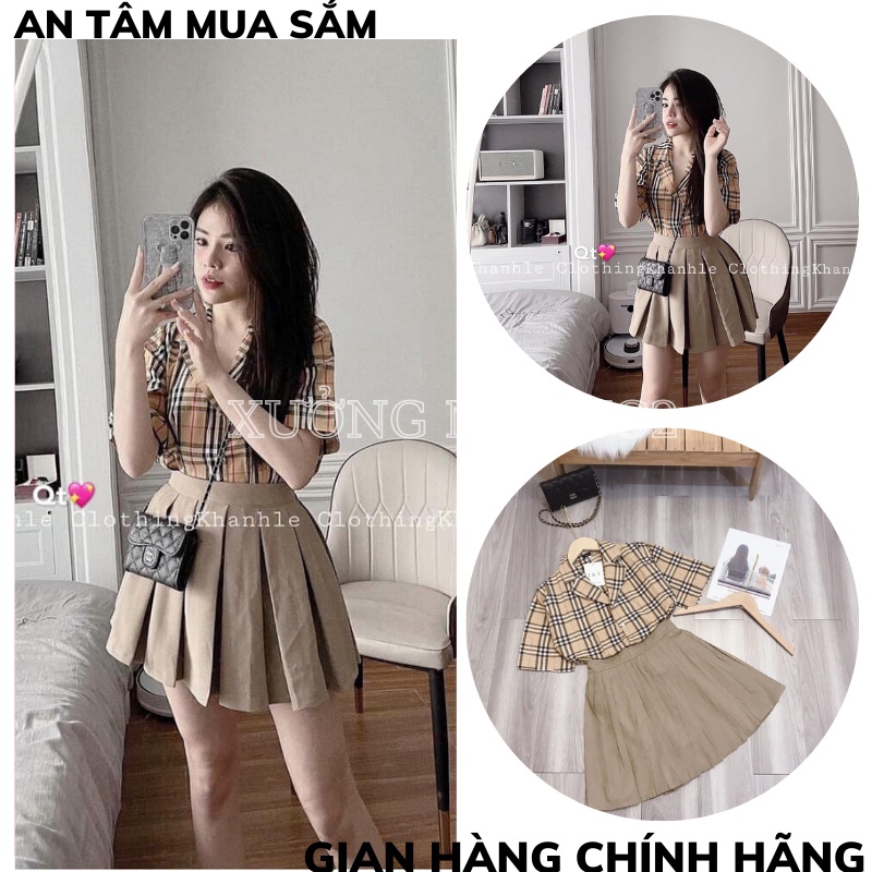 Set chân váy kẻ BBR xếp li ngắn áo sơ mi ngắn tay phong cách ULZZANG hàn quốc XƯỞNG MAY TC2