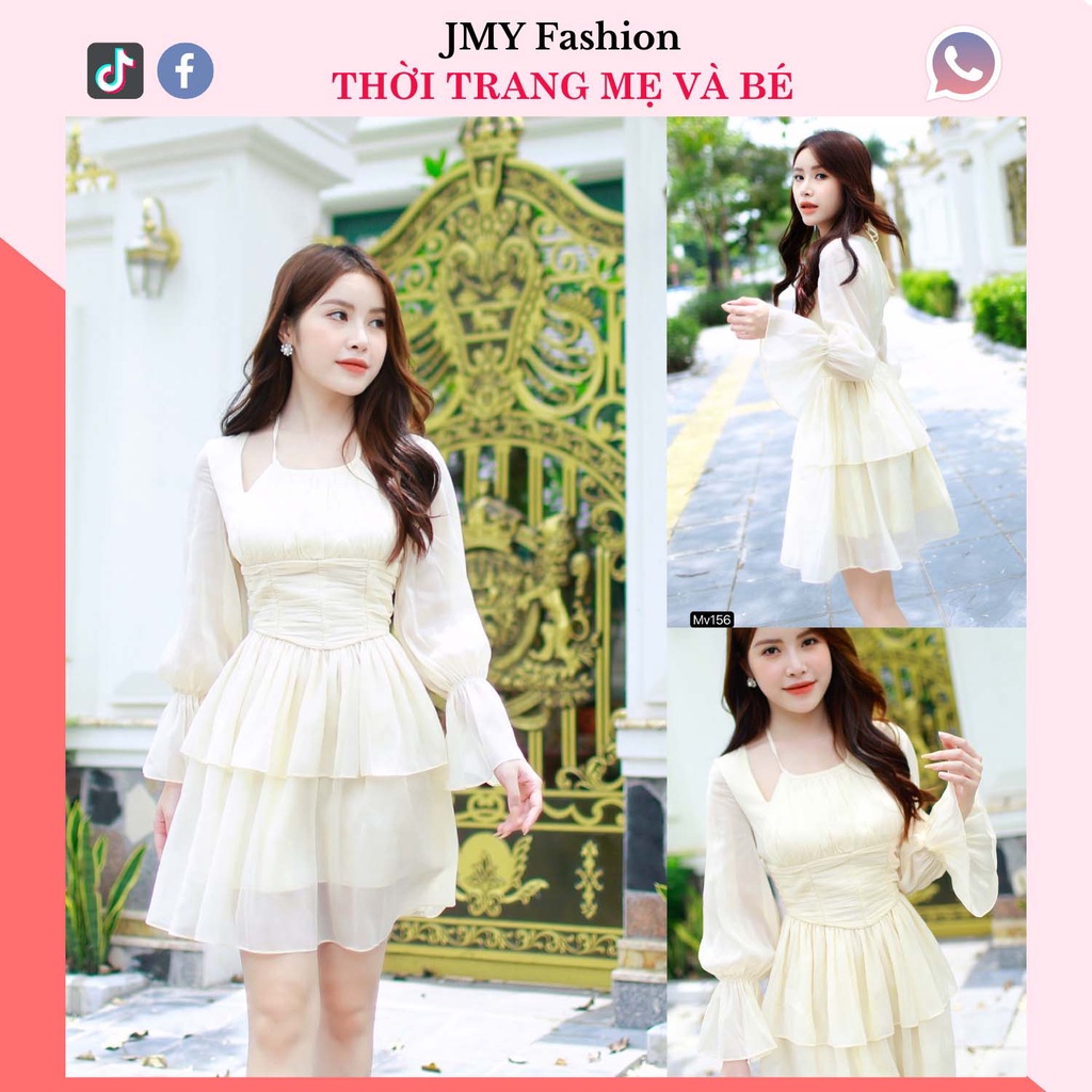 V156 Váy voan tơ kem xoè ngắn cổ yếm tiểu thư dài tay