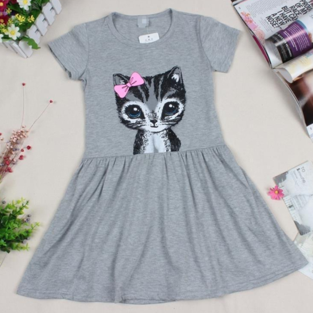 Hàng Có Sẵn Đầm Công Chúa Tay Ngắn In Hình Mèo Hoạt Hình Mùa Hè Cho Bé Gái