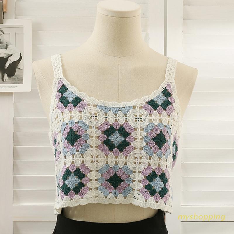 Áo Croptop Dệt Kim Không Tay Khoét Lỗ Màu Sắc Tương Phản Phong Cách Boho Cho Nữ