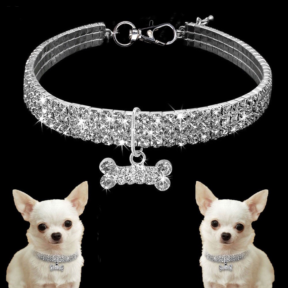 YUE ✻ Multi Row Shiny Rhinestone Bone Pendant Puppy Dog Collar Necklace Pet Supply