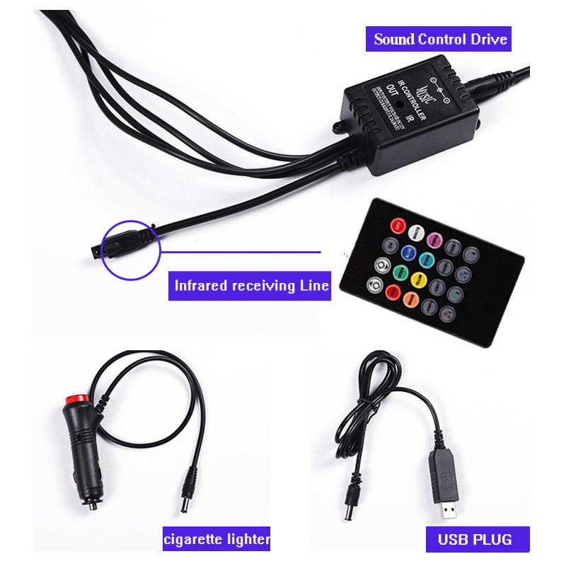 Dây Đèn LED 36/48/72 USB 12V Trang Trí Nội Thất Xe Hơi