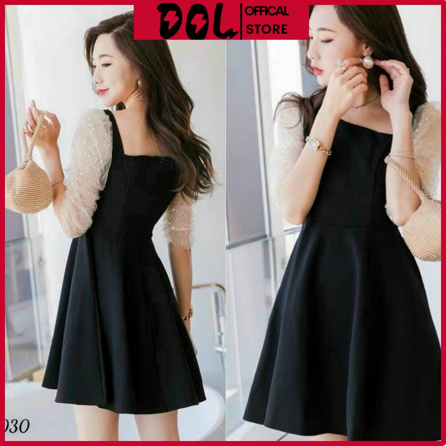 Đầm ngắn DOL đầm ngắn tay lỡ phối lưới kim tuyến chất vải cotton mặc thoải mái D80030
