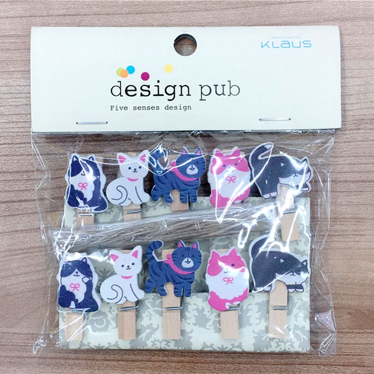 SET 10 Cái Kẹp Gỗ Sơn Design Pub hình Gia đình Mèo (Tặng dây cói)