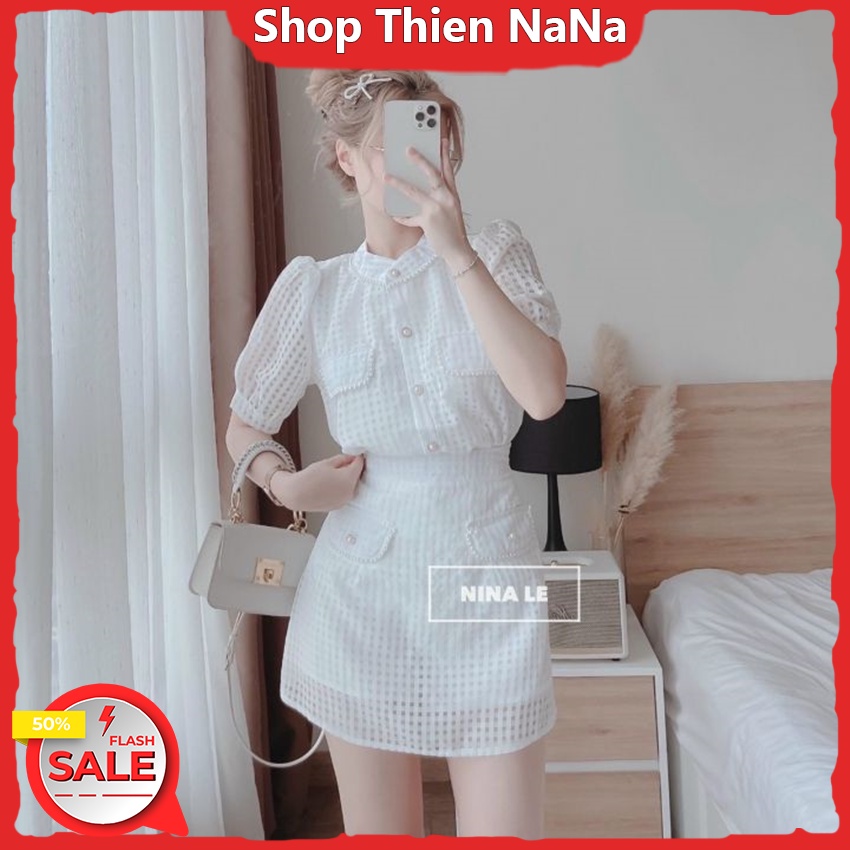 Set Nữ , Set Váy Áo Sơ Mi Túi Đắp Tay Bồng Mix Chân Váy Chữ A Túi Đính Cườm Chất Vải 2 Lớp Y Hình