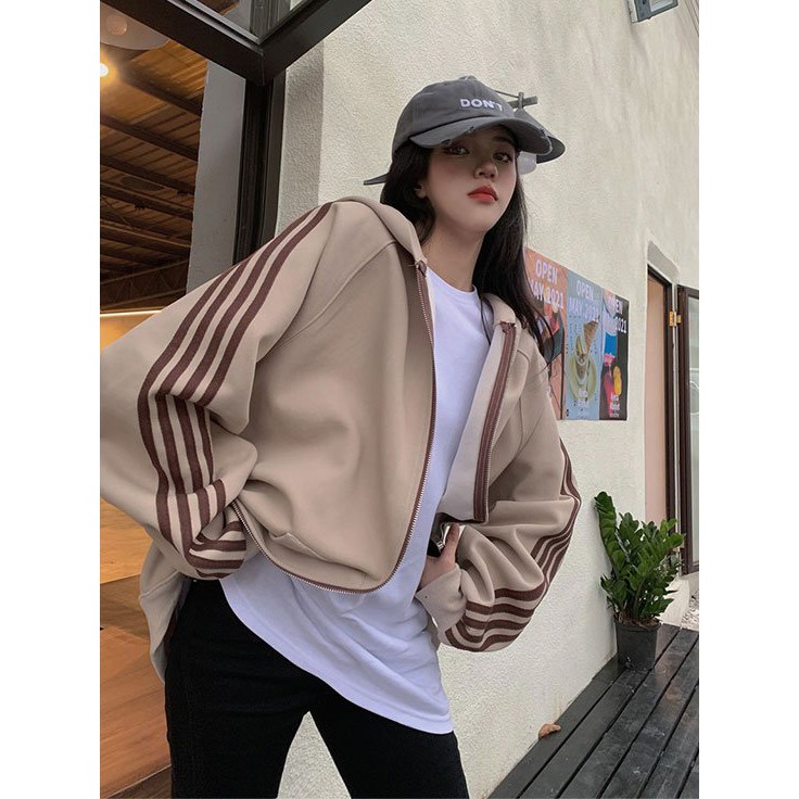 Áo Khoác Nỉ Mỏng Kẻ Sọc Tay Dáng Rộng 🦋 Áo Jacket Nữ Dài Tay Khóa Kéo 3 Màu 🦋