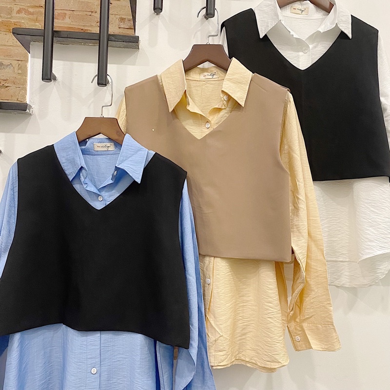 Set Áo GHILE gồm áo sơmi tay dài và ghile ngoài thiết kế form rộng style hàn xẻng dễ mix đồ hàng nhập quảng châu