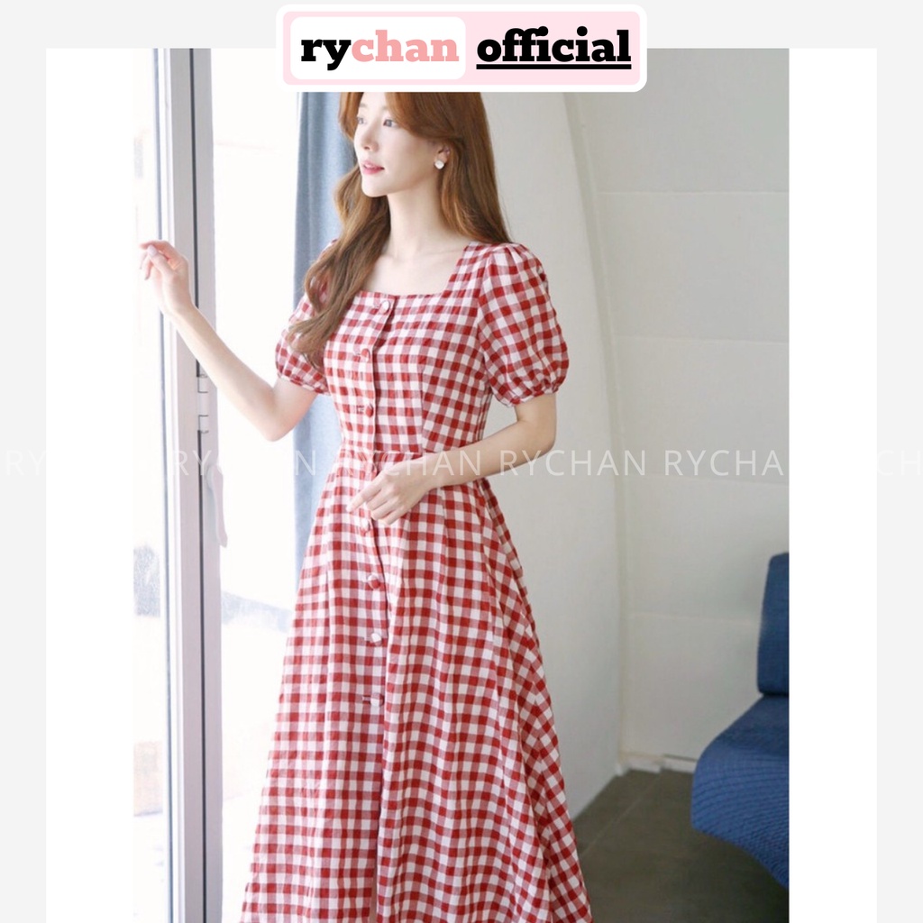 [ẢNH THẬT CUỐI] Đầm Xòe Midi Caro Cổ Vuông Đính Nút Bọc Tay Ngắn - DX991