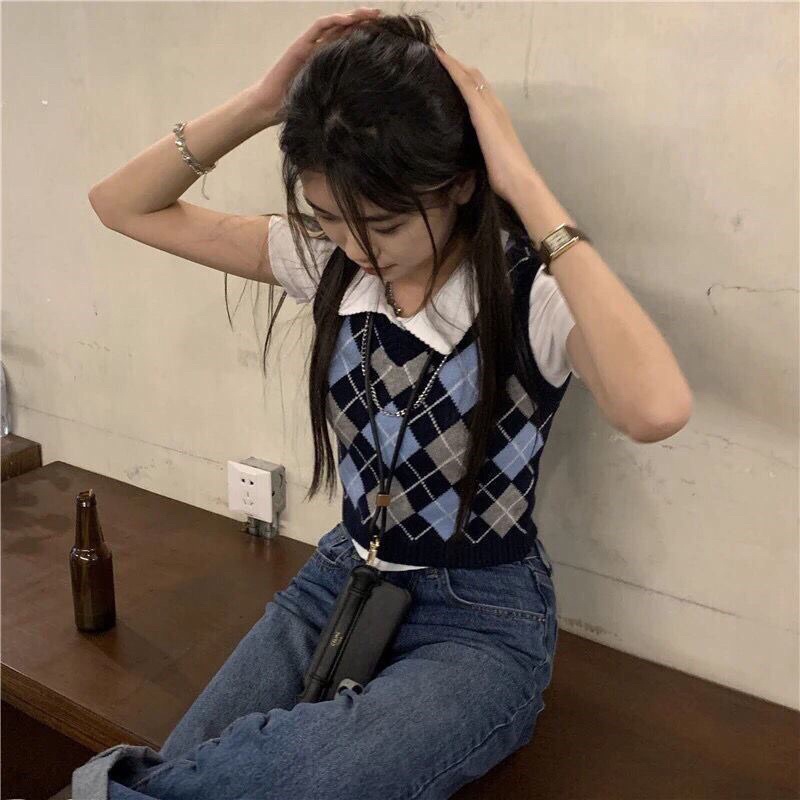 Áo Gile Len Nữ 🦋HOT TREND🦋 Áo Len Sát Nách Kẻ Ô Trám Xanh Phong Cách Vintage
