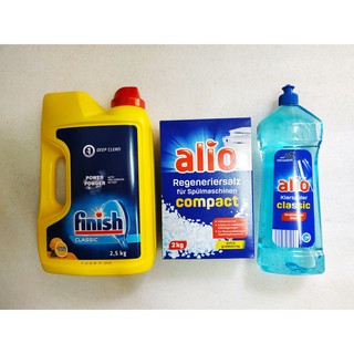 Combo Bột rửa chén bát Finish 2,5kg + Muối Alio 2kg + Bóng Alio 1 lít