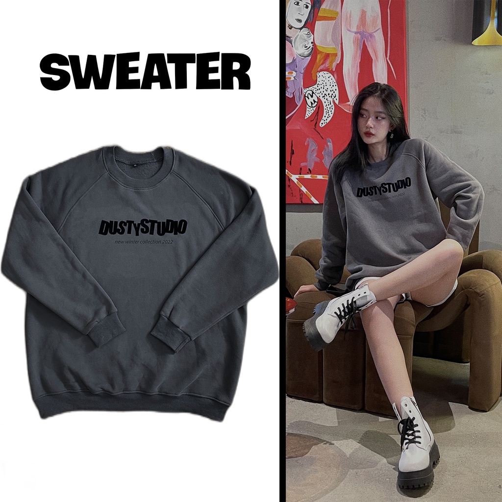 Áo Sweater DUSTY STUDIO nỉ bông form to basic xám tro