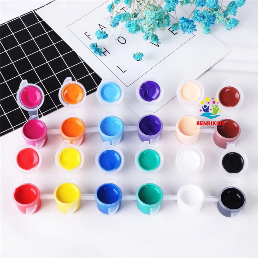 Sét 6 Màu Sơn Kèm Cọ Tô Màu, Màu Acrynic Dùng Để Pha, Tô Khủng Long Gỗ Chưa Sơn Của Đồ Chơi Gỗ