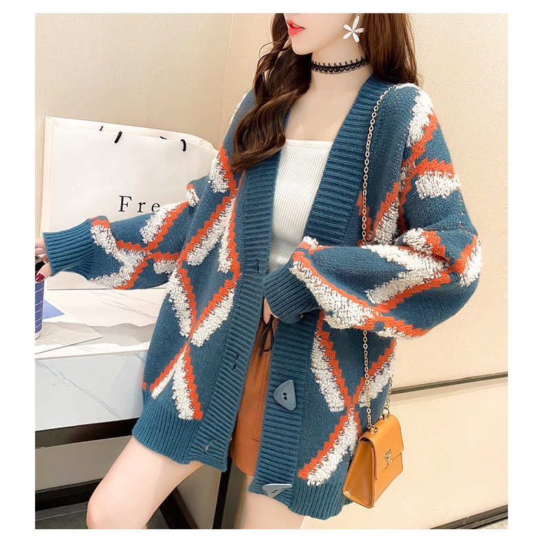 Áo khoác Cardigan Forgirl thổ cẩm xanh dương kẻ cam trắng dáng rộng