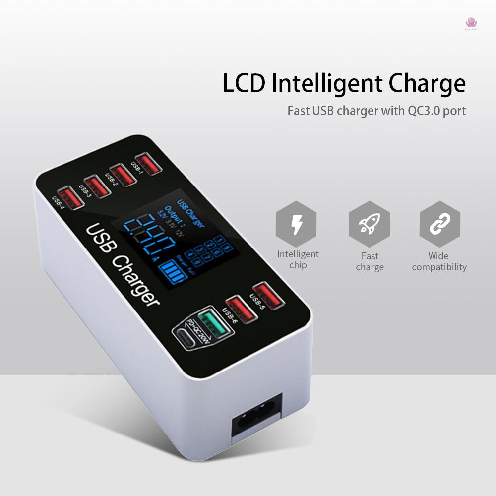 Sạc Nhanh USB Nhanh Với Cổng QC3.0 40W Với 8 Cổng Sạc Và Cổng Type-C Màn Hình LCD Rộng