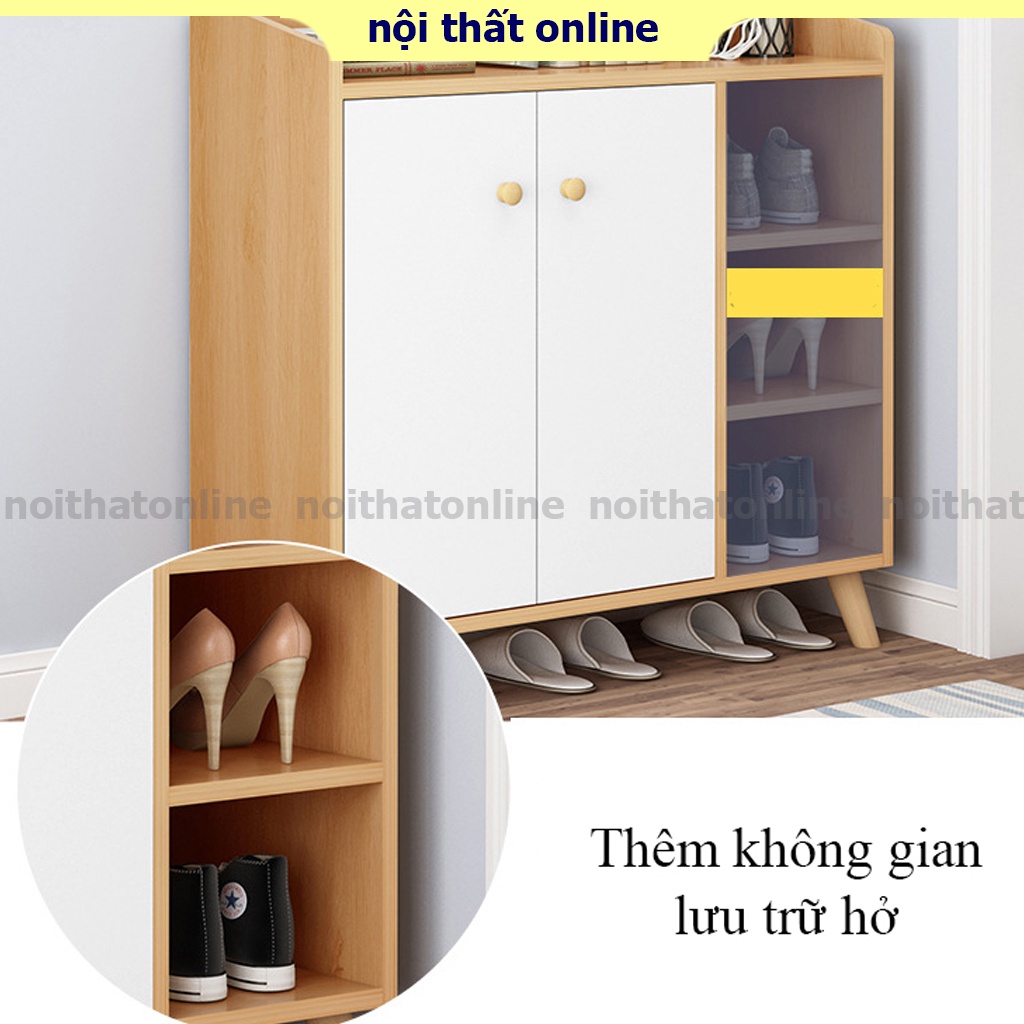 Tủ giày đa năng có cánh tủ chân gỗ tự nhiên dễ dàng vệ sinh, chất liệu MDF chống ẩm màu gỗ sáng sang trọng