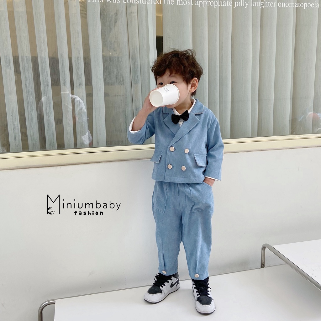 Bộ quần áo vest cho bé trai phong cách Hàn Quốc chất liệu nhung tăm cao cấp Minium - SV1129