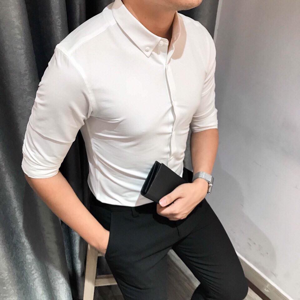Áo sơ mi nam tay dài công sở Hàn Quốc dáng ôm, vải lụa không nhăn, thấm hút mồ hôi tốt , dễ mặc, basic | BigBuy360 - bigbuy360.vn