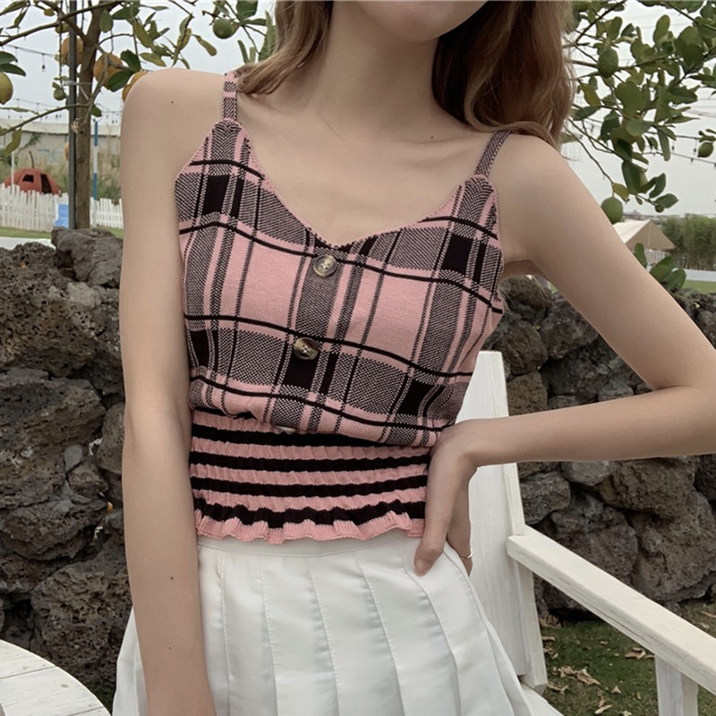 Áo Hai Dây Cổ Chữ V Họa Tiết Kẻ Caro Phong Cách Hàn Quốc