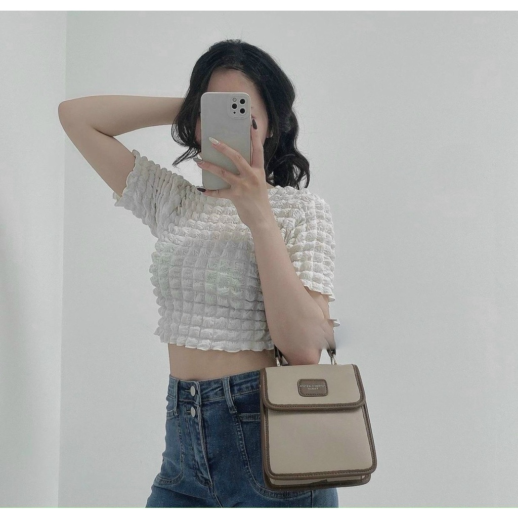 Áo cổ vuông dáng ngắn croptop vải xốp nổi 3 màu hot hit | BigBuy360 - bigbuy360.vn