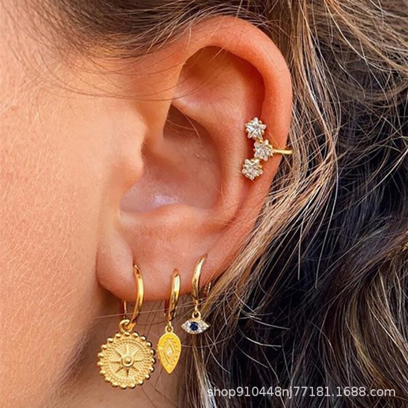 Bông Tai Hình Tròn Đính Đá Mắt Quỷ Chống Thấm Nước Không Gây Dị Ứng Phong Cách Âu Mỹ