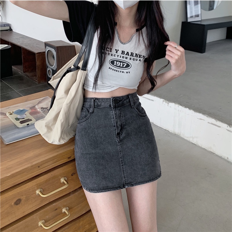 Chân váy IELGY vải jean lưng cao dáng chữ A phong cách Hàn Quốc dành cho nữ