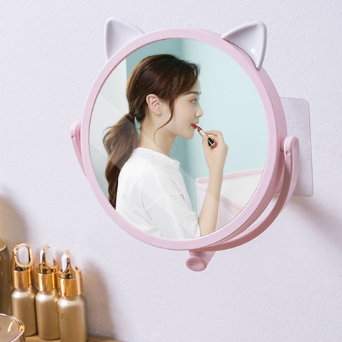 &lt;Tặng Sticker&gt; Gương Trang Điểm Gắn Tường Tiện Lợi Xoay 360 Độ Mẫu Tai Mèo Cute Treo Tường U140