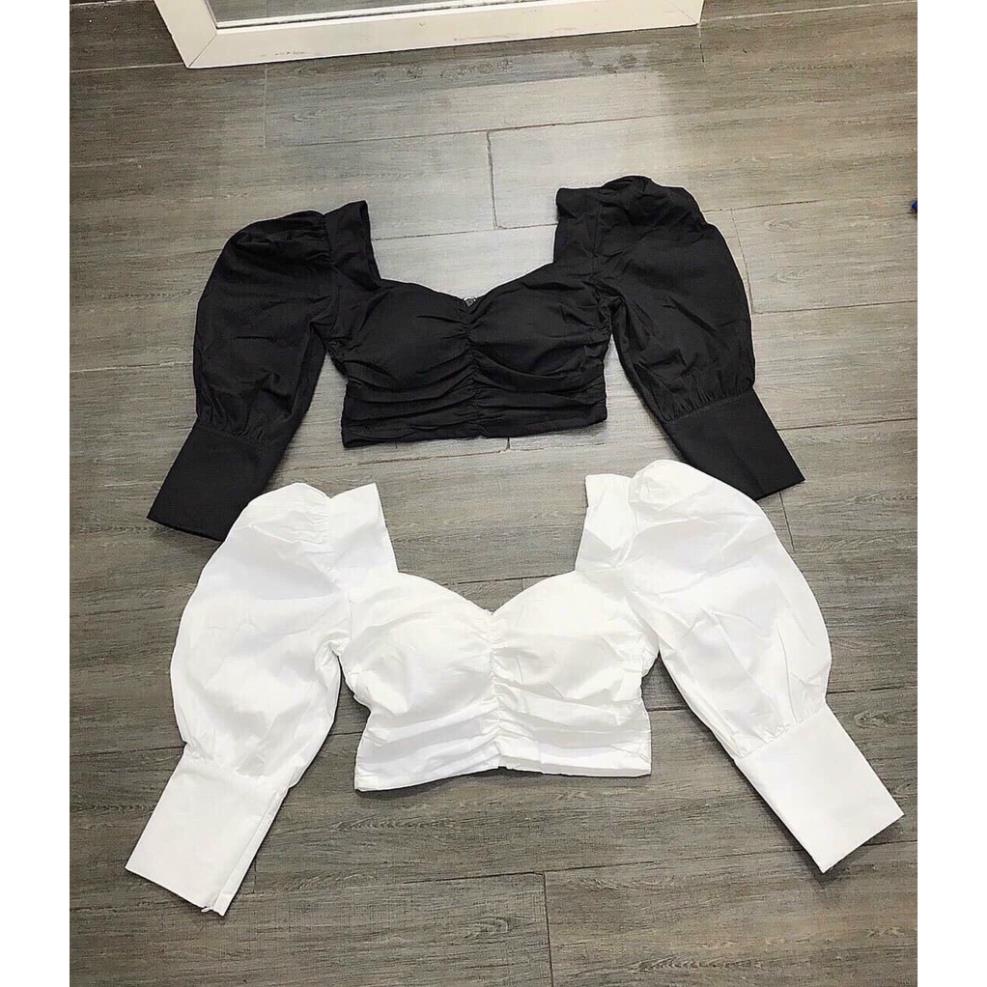 Áo kiểu nữ croptop cup ngực cổ tim tay phồng có lót mút ngực
