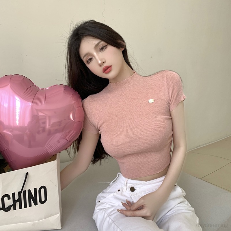 Áo Thun Baby Tee Nữ Tay Ngắn Áo Croptop Dệt Kim Cổ Tròn Màu Sắc Đơn Giản Cho Nữ