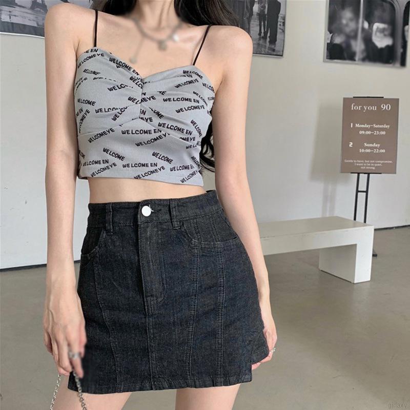Áo croptop nữ hai dây cổ V họa tiết chữ đơn giản thời trang mùa hè Hàn Quốc