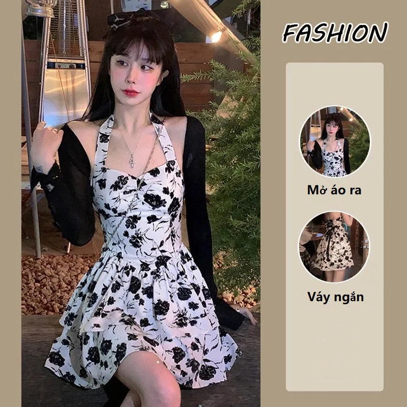 Áo khoác cardigan/ Đầm hai dây ZHELIHANGFEI họa tiết hoa phong cách quyến rũ