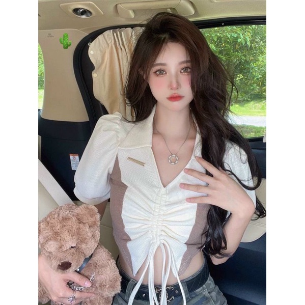 Áo thun kiểu croptop phối màu rút dây (B.c)