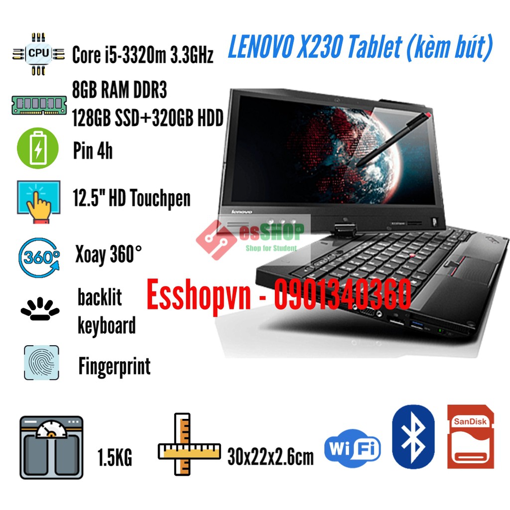 Laptop màn hình cảm ứng 12.5 inch LENOVO X230 Tablet Core i5-3320m 3.3GHz 8GB RAM 128GB SSD + 320GB HDD - Likenew 95% | WebRaoVat - webraovat.net.vn