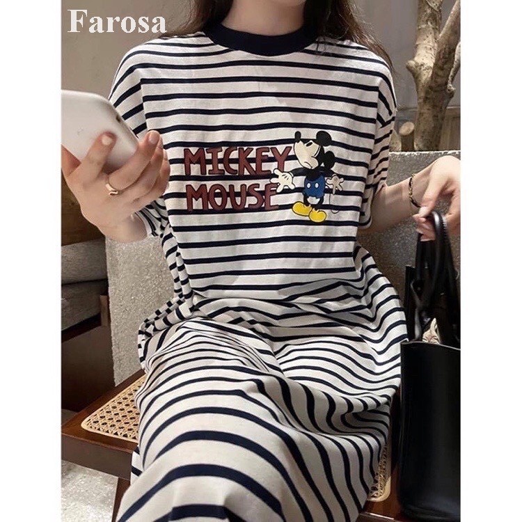 Đầm suông nữ cộc tay mùa hè_váy suông nữ dáng dài kẻ in hình mickey cá tính