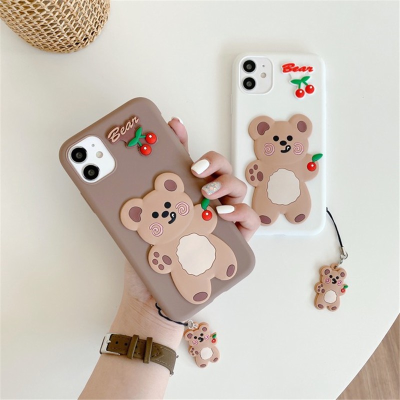 Ốp điện thoại dẻo có dây móc khóa Cartoon Bear Cherry cho Samsung Galaxy S21 S20 FE Note 20 Ultra S10 S9 Plus