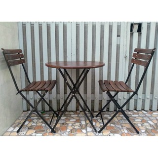 Bộ bàn tròn cafe xếp chân sắt ( 1 bàn + 2 ghế )