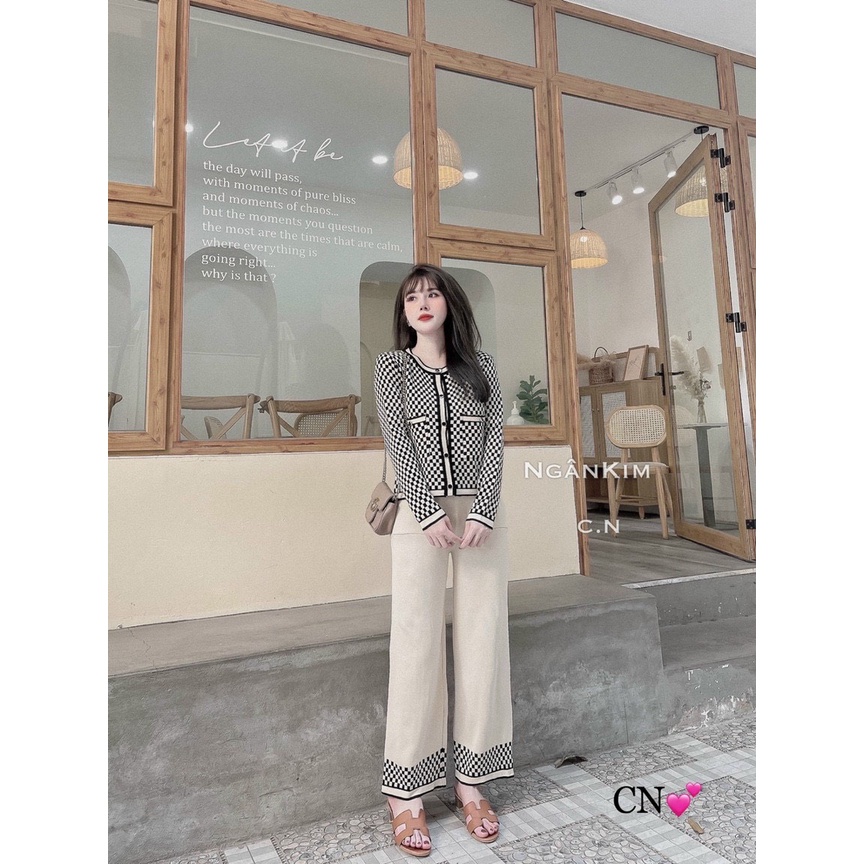 Set bộ len kẻ ô ống sớ 2 màu hàng QC cực đẹp