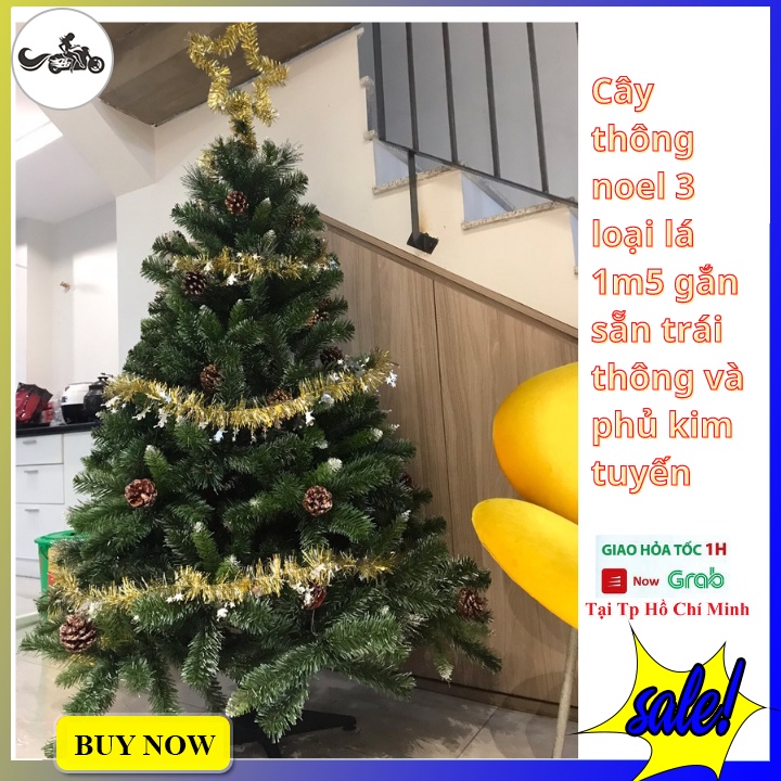 Cây thông noel 3 loại lá gắn trái thông cao 90cm, 1m2, 1m5, 1m8 tán siêu rậm tặng kèm ngôi sao đỉnh và dây kim tuyến