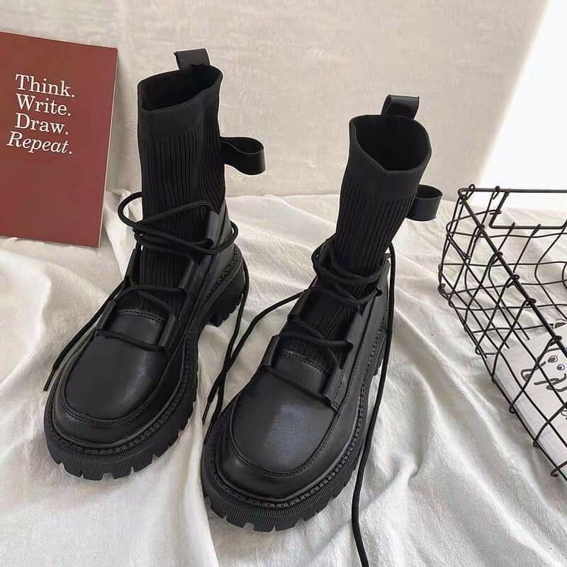 GIÀY BOOTS OXFORD ULZZANG CAO CỔ CỔ LEN BUỘC DÂY ĐẾ CAO 5.5CM