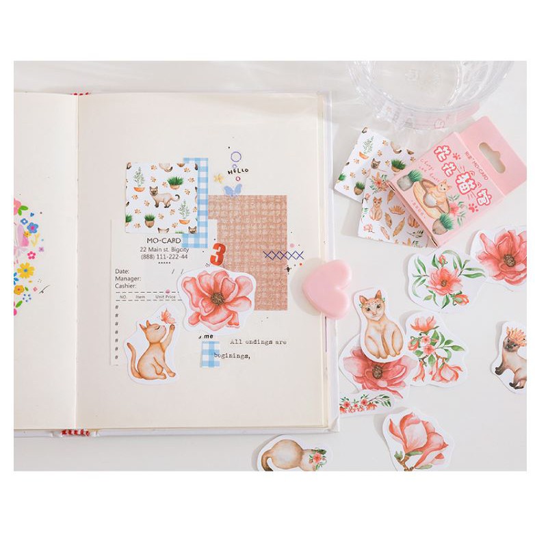Bộ 45 Sticker Mèo Và Hoa E117